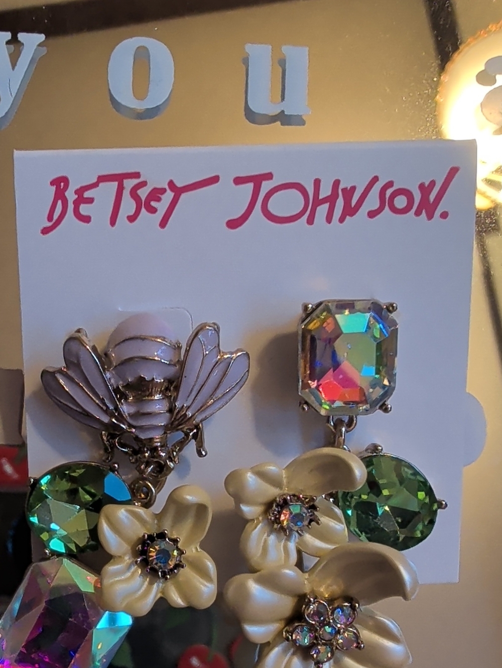 Betsey Johnson Iridescent, Green & Cream Floral Bee Drop Earrings